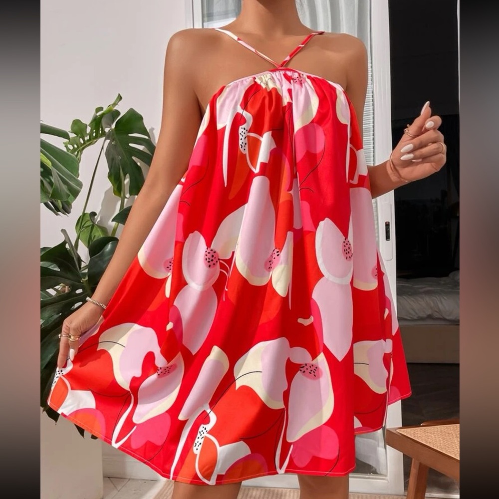 Boho Abstract Print Halter Dress Hot Pink - Picture 16 of 16